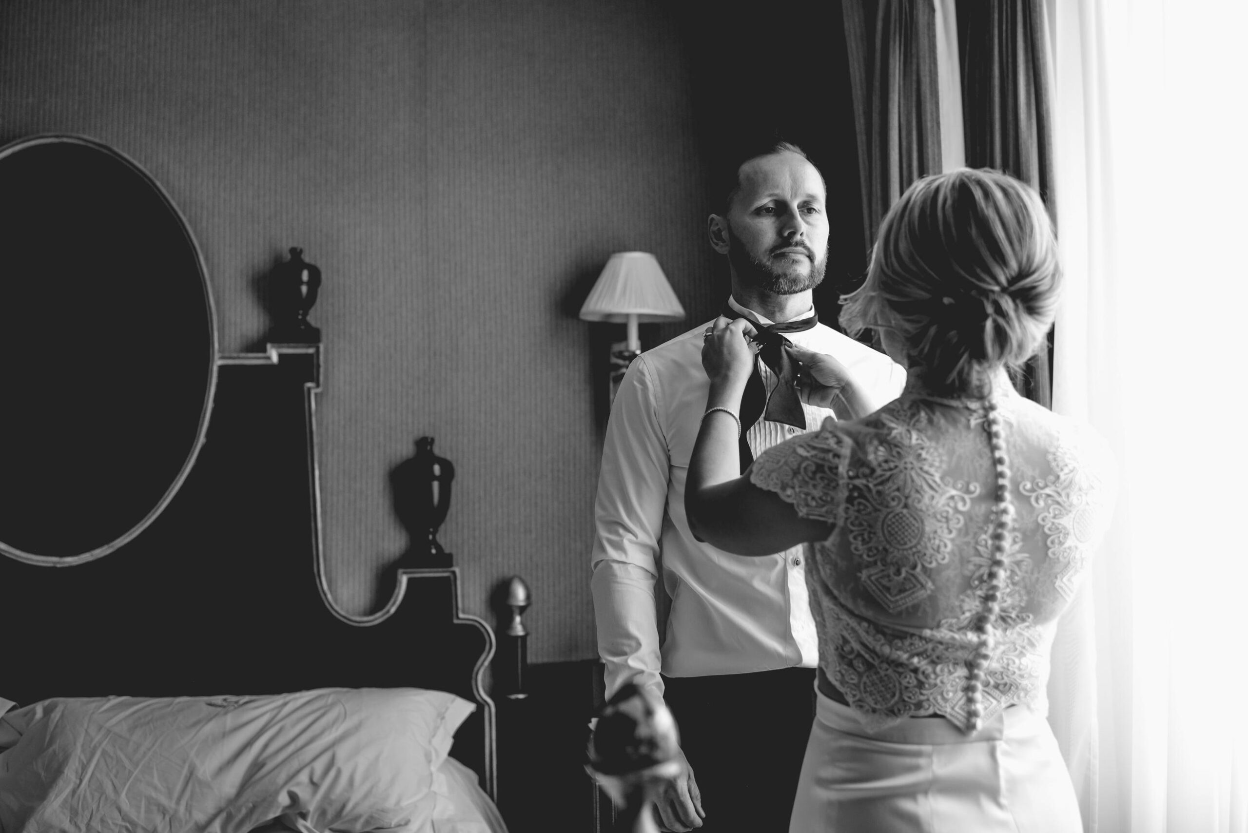 Bride and groom get ready together at their London Wedding